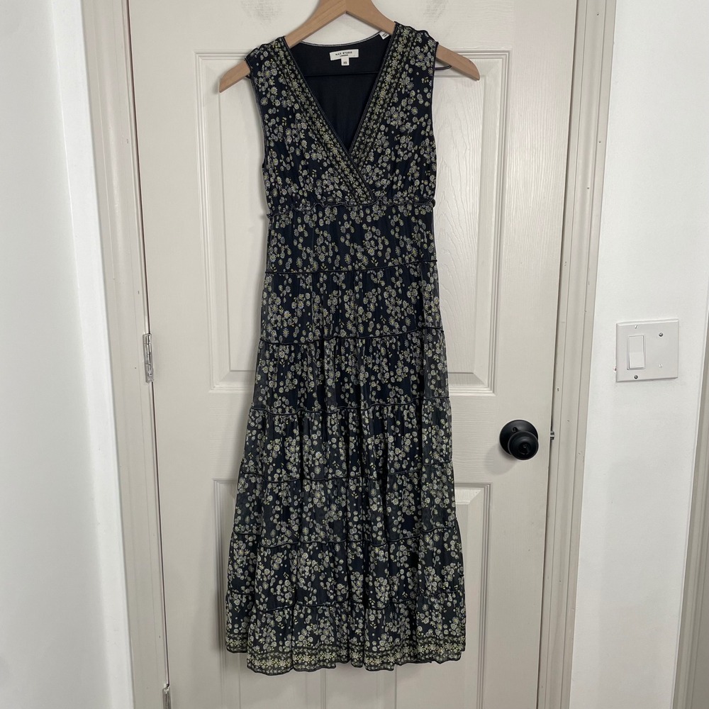 Floral Tiered Midi Dress Womens XS Mesh Boho Fairy Romantic Cottagecore Prairie